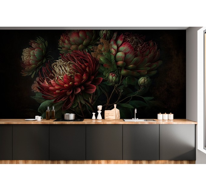 Moody dark floral wallpaper mural with protea