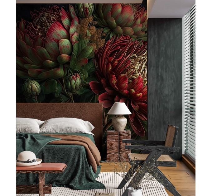 Moody dark floral wallpaper mural with protea