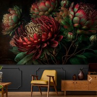 Moody dark floral wallpaper mural with protea