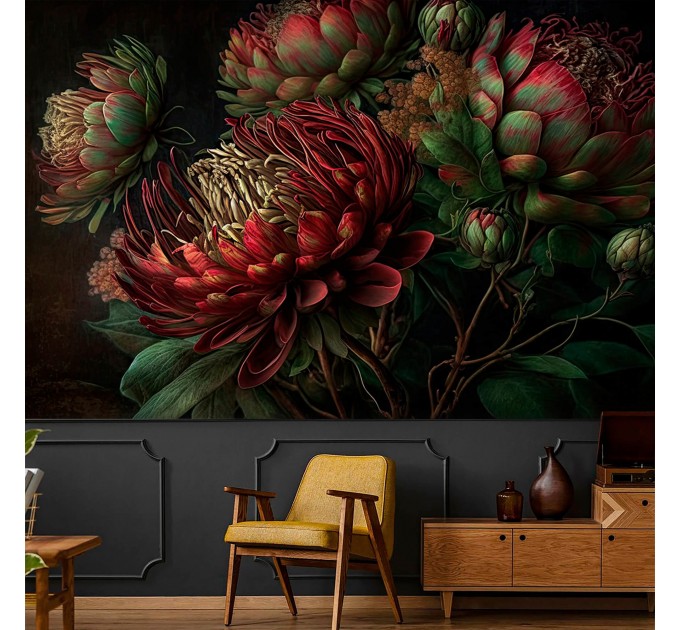 Moody dark floral wallpaper mural with protea