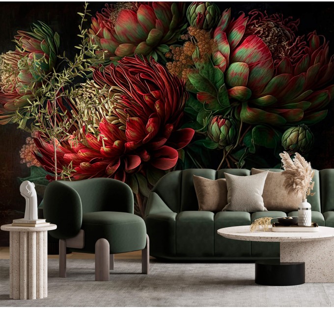 Moody dark floral wallpaper mural with protea