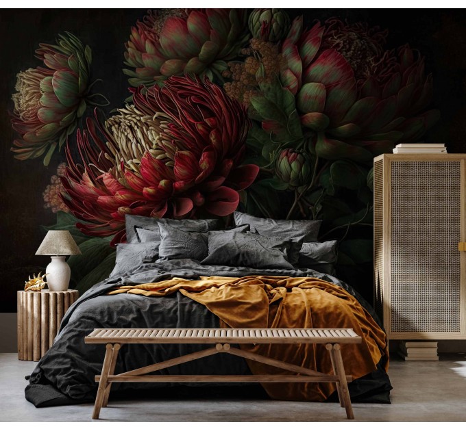 Moody dark floral wallpaper mural with protea