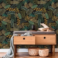 Dark botanical wallpaper, moody leaves pattern