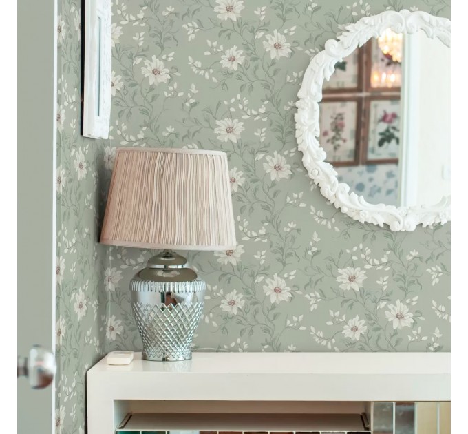 Floral wallpaper White flowers with wriggling leaves