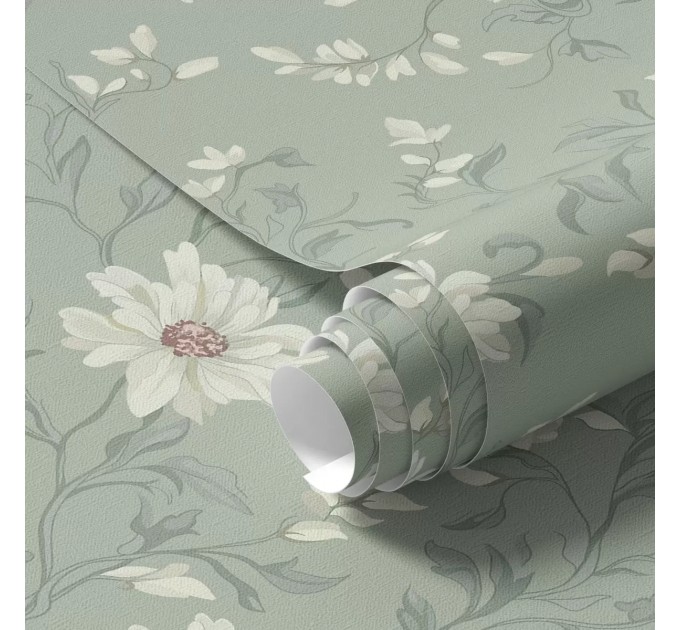 Floral wallpaper White flowers with wriggling leaves