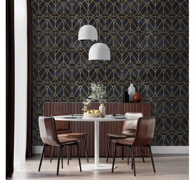 Art deco dark wallpaper, black gold non metallic pattern