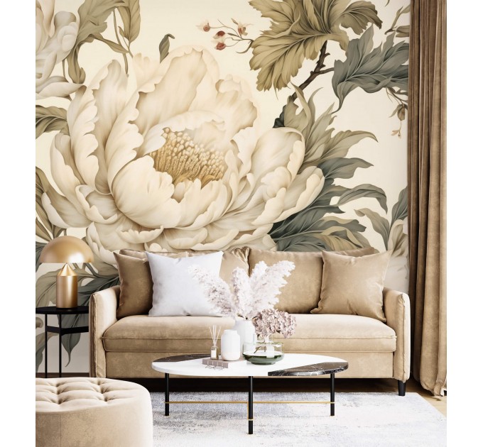 Large cream peony wall mural – Elegant floral wallpaper
