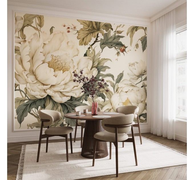 Large cream peony wall mural – Elegant floral wallpaper