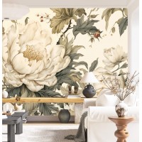 Large cream peony wall mural – Elegant floral wallpaper