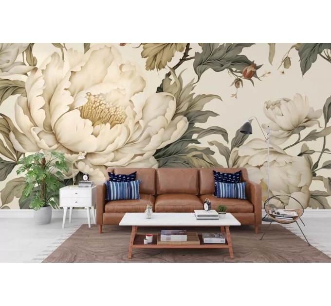 Large cream peony wall mural – Elegant floral wallpaper