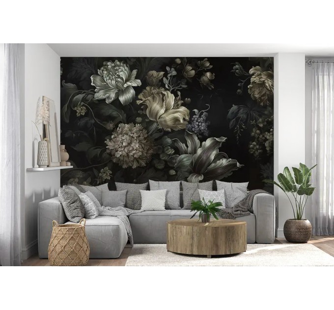Moody Dark Floral Wallpaper Mural – Dramatic Wall Art