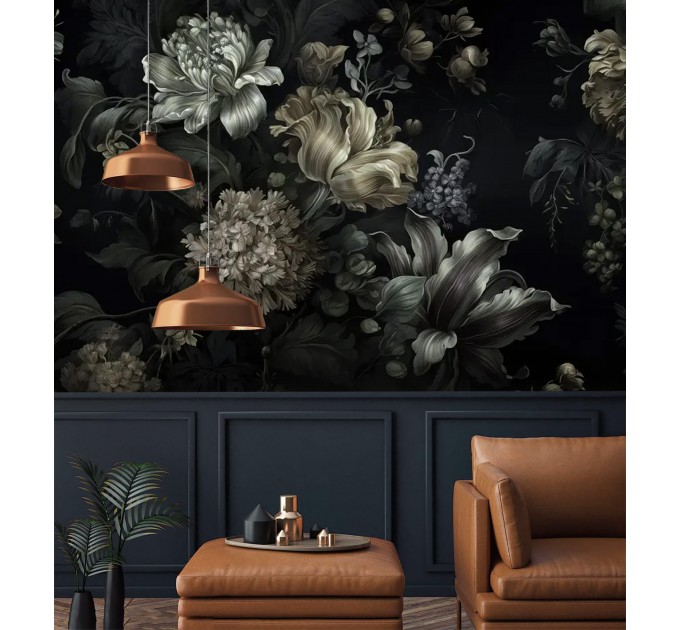 Moody Dark Floral Wallpaper Mural – Dramatic Wall Art