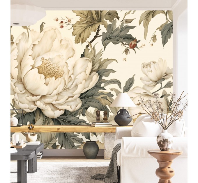 Large cream peony wall mural – Elegant floral wallpaper