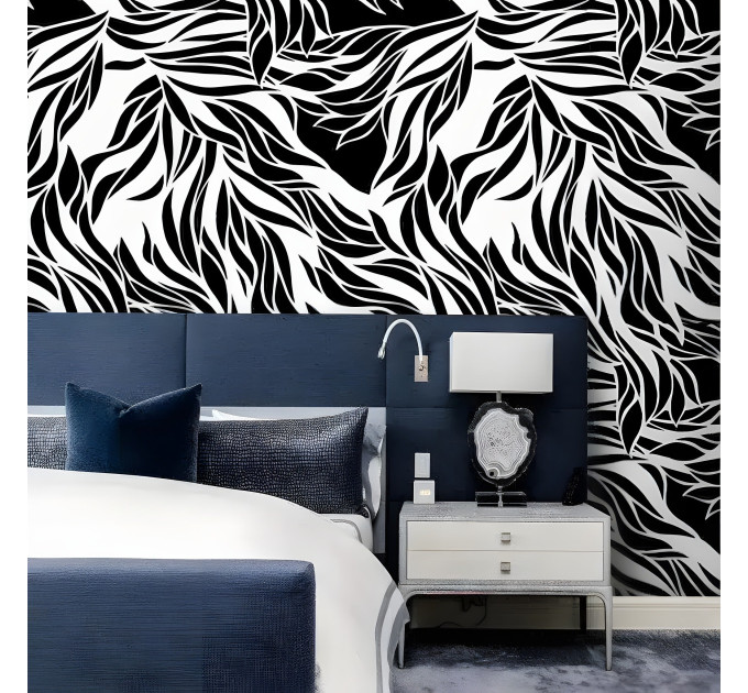 Abstract leaves wallpaper, Black white accent wall covering