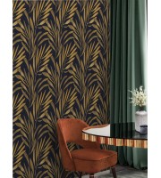 Black and gold non-metallic palm leaves wallpaper