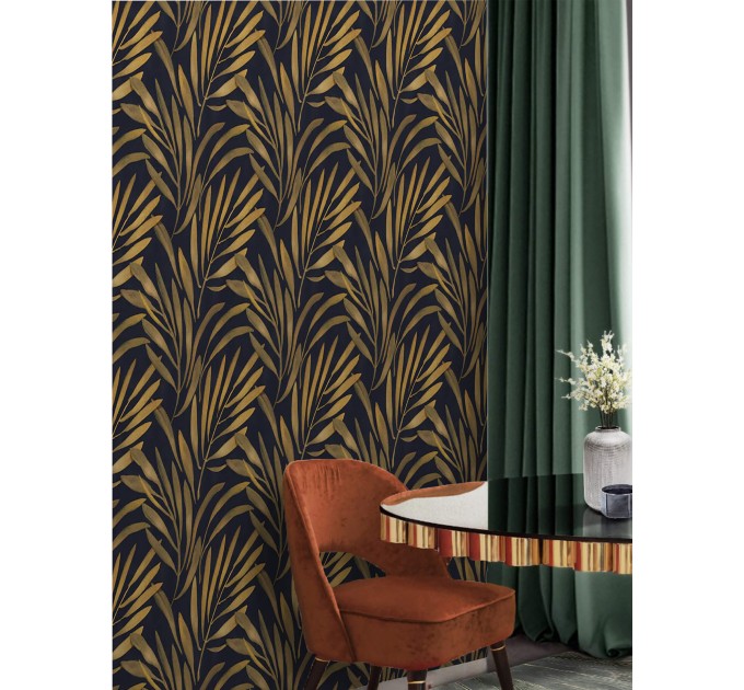 Black and gold non-metallic palm leaves wallpaper