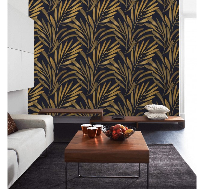 Black and gold non-metallic palm leaves wallpaper