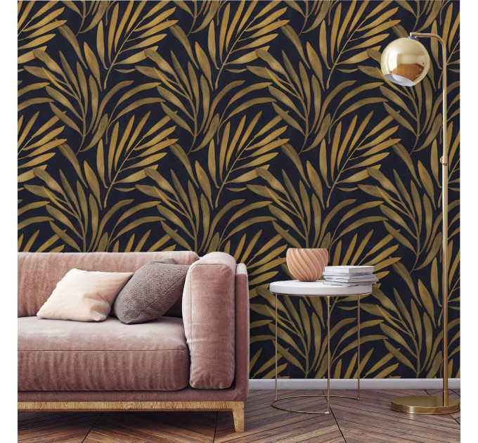 Black and gold non-metallic palm leaves wallpaper