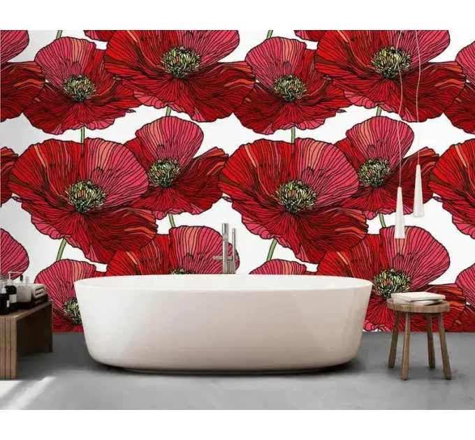 Red poppy floral wallpaper peel and stick or non-woven wall mural