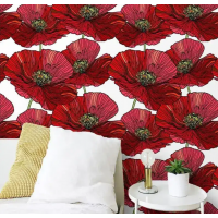 Red poppy floral wallpaper peel and stick or non-woven wall mural