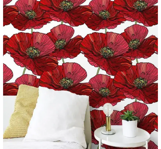Red poppy floral wallpaper peel and stick or non-woven wall mural