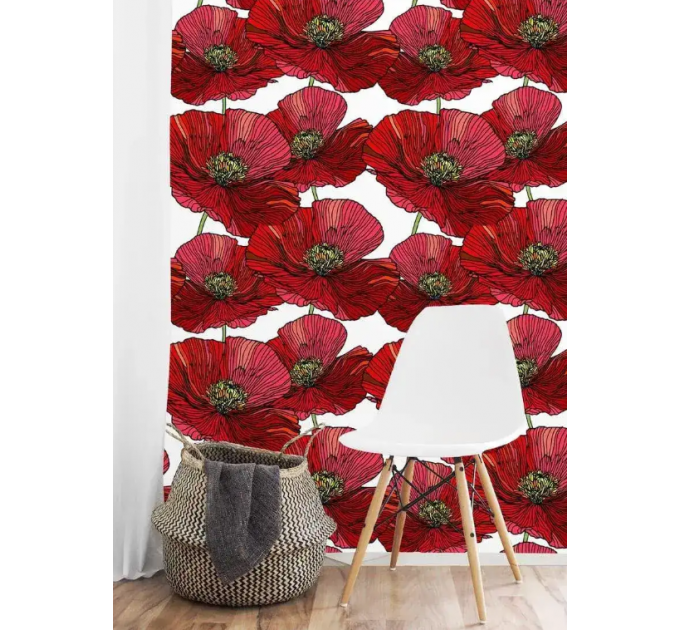 Red poppy floral wallpaper peel and stick or non-woven wall mural