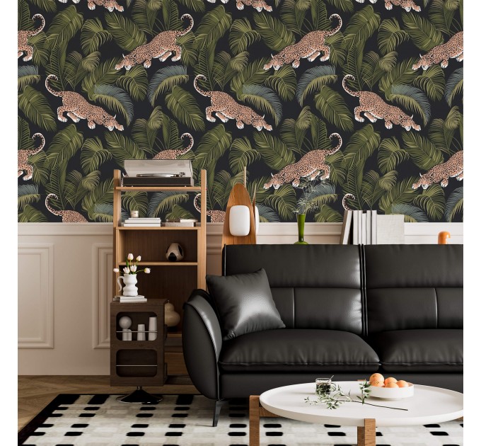 Wild jaguars among palm leaves wallpaper