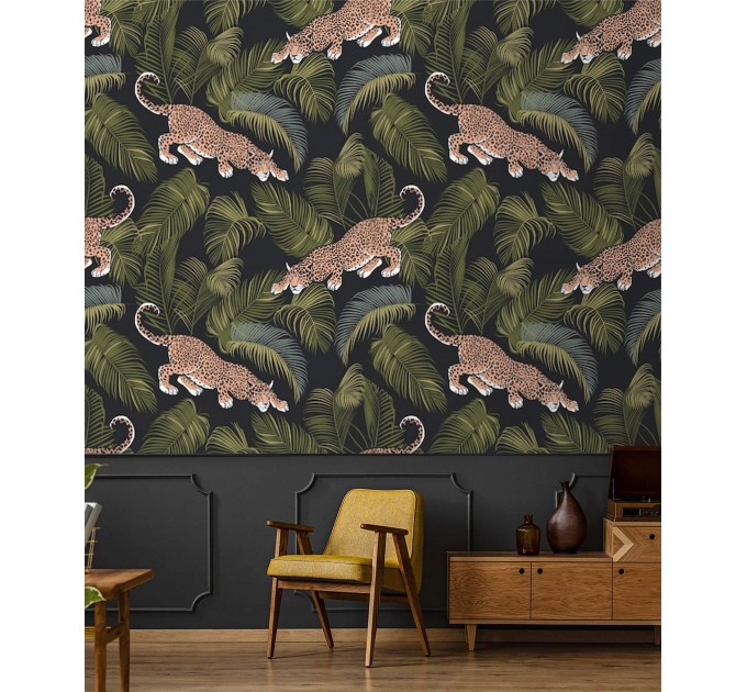 Wild jaguars among palm leaves wallpaper