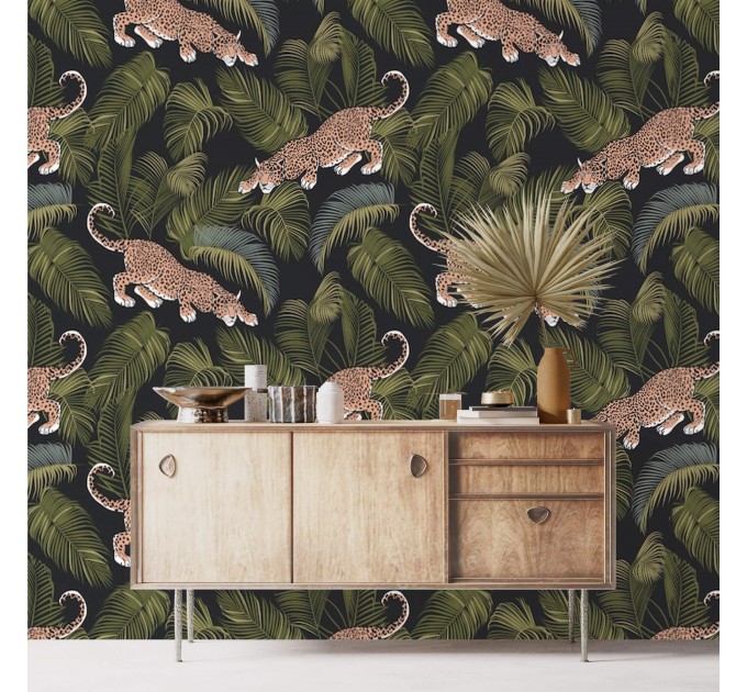 Wild jaguars among palm leaves wallpaper