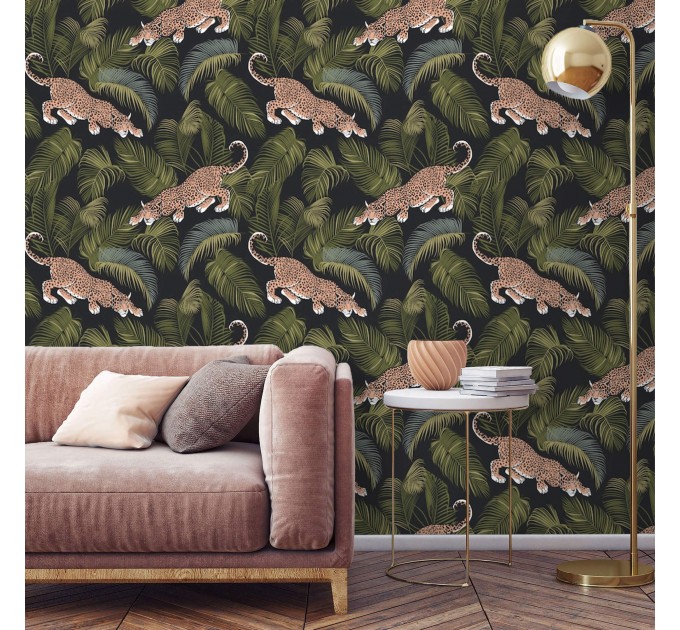 Wild jaguars among palm leaves wallpaper