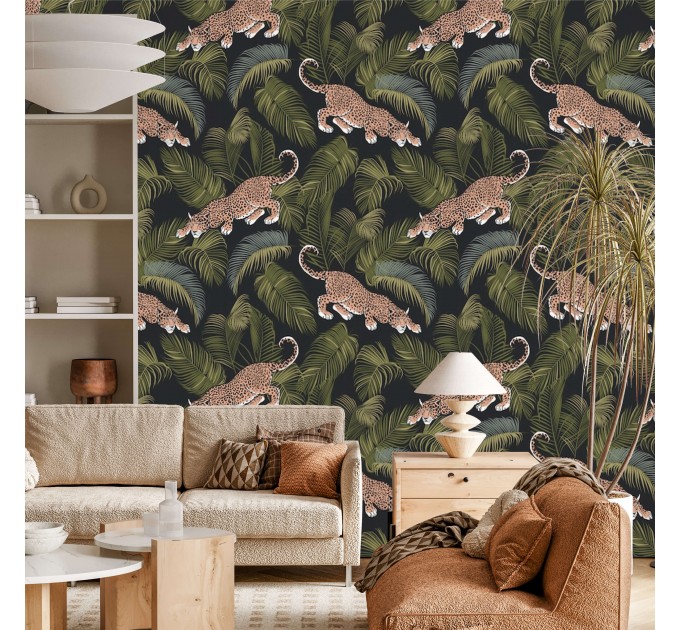 Wild jaguars among palm leaves wallpaper