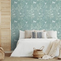 Vintage style blue wallpaper birds and blooming branches