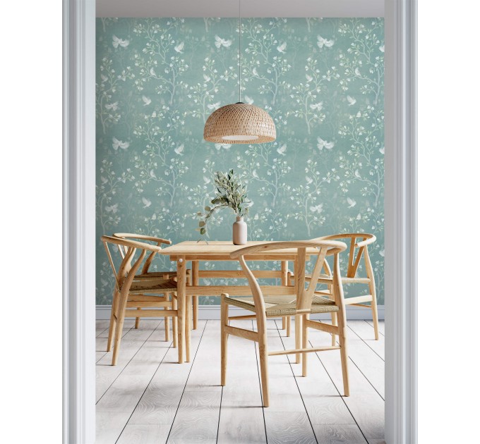 Vintage style blue wallpaper birds and blooming branches