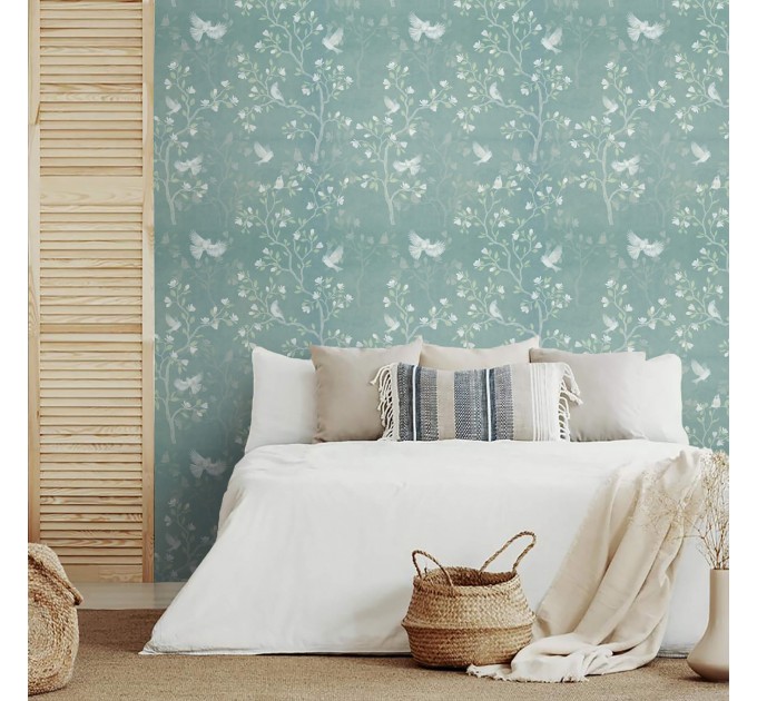 Vintage style blue wallpaper birds and blooming branches