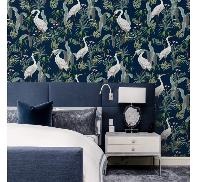 Elegant crane wallpaper – Botanical wall covering in blue