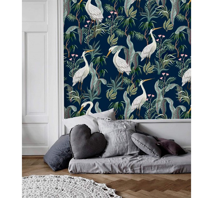 Elegant crane wallpaper – Botanical wall covering in blue