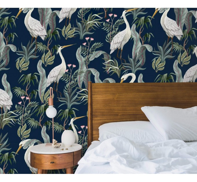 Elegant crane wallpaper – Botanical wall covering in blue