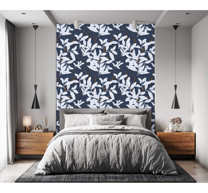 Dark botanical wallpaper white leaves on navy blue