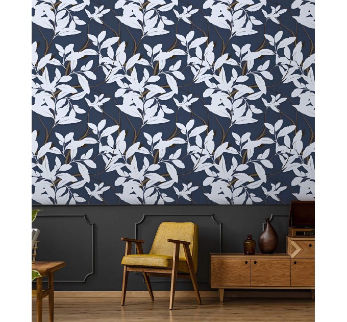 Dark botanical wallpaper white leaves on navy blue