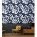 Dark botanical wallpaper white leaves on navy blue