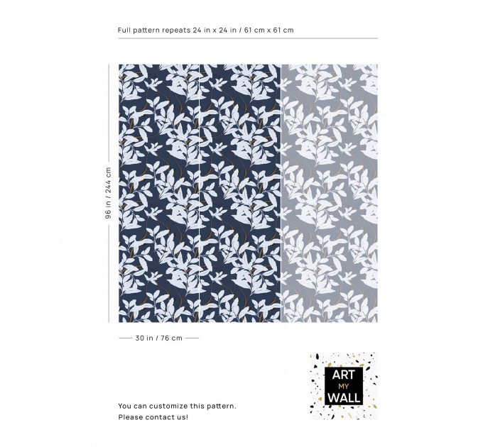 Dark botanical wallpaper white leaves on navy blue