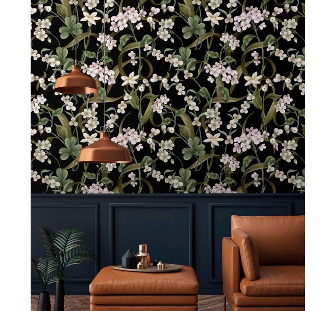 Dark floral wallpaper with white flowers