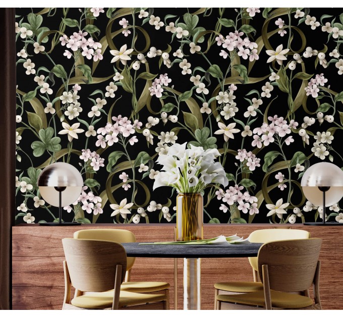Dark floral wallpaper with white flowers