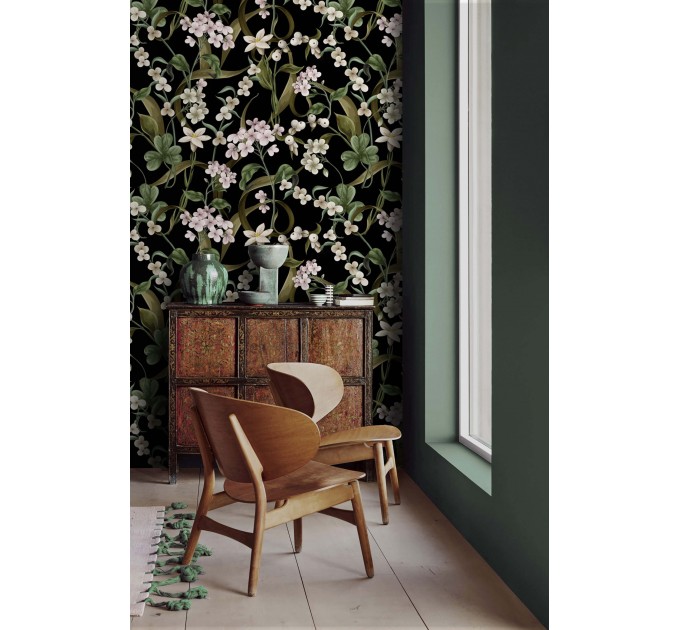 Dark floral wallpaper with white flowers