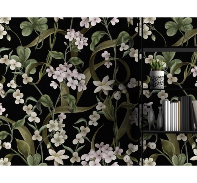 Dark floral wallpaper with white flowers