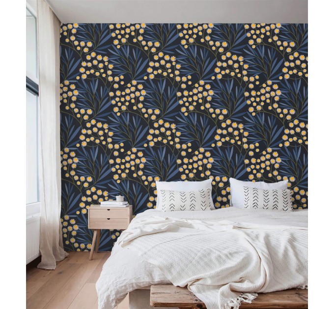 Dark botanical wallpaper wildflowers accent wall