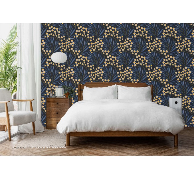 Dark botanical wallpaper wildflowers accent wall