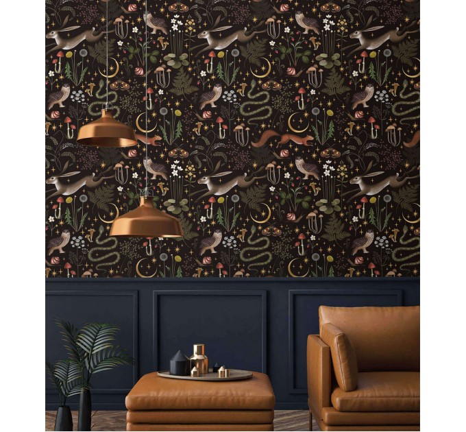 Dark whimsical wallpaper, moody forest fairy animals