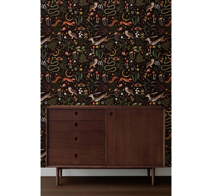 Dark whimsical wallpaper, moody forest fairy animals