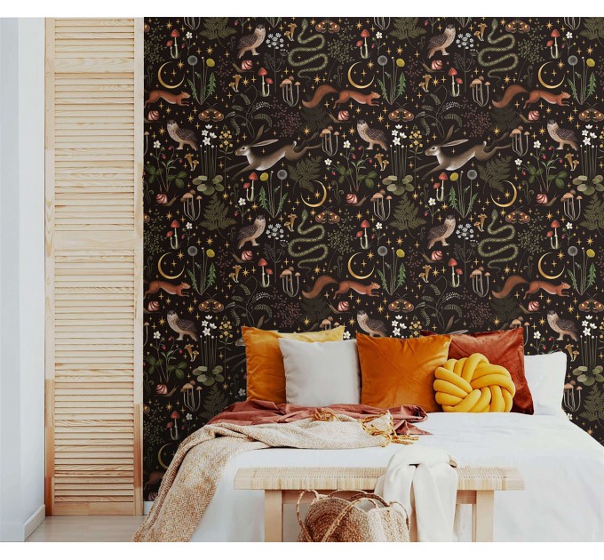 Dark whimsical wallpaper, moody forest fairy animals